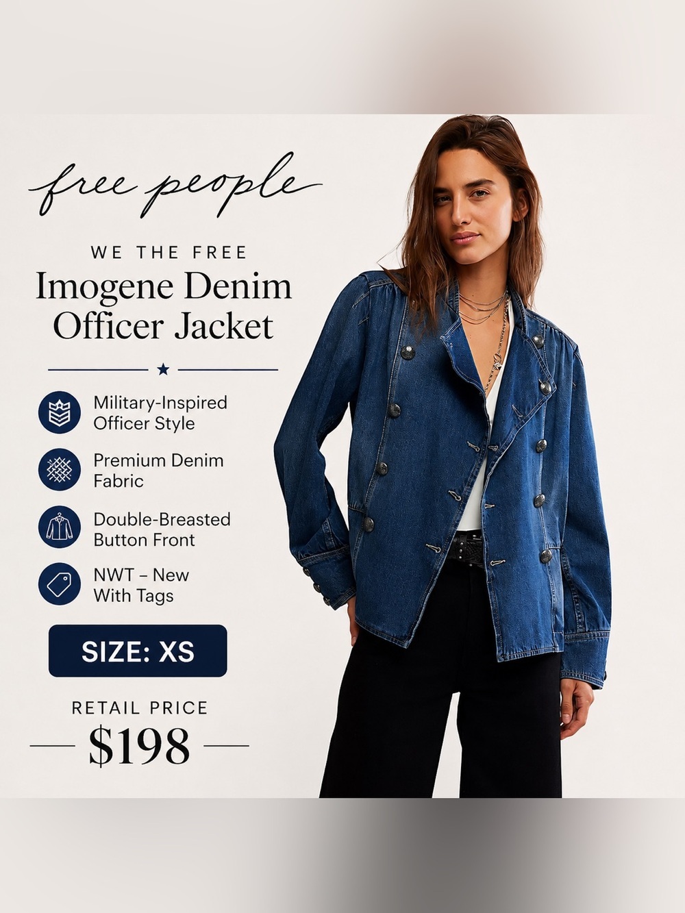 Free People We The Free Imogene Denim Officer Jacket Blue Military XS NWT